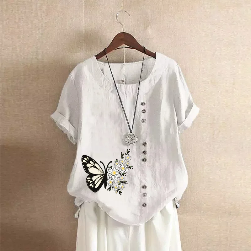 Summer Blouse 2024 Women Casual Loose Fitting Short Sleeved Pullover Cotton Linen Pullover Shirt Tops Butterfly Print Shirts