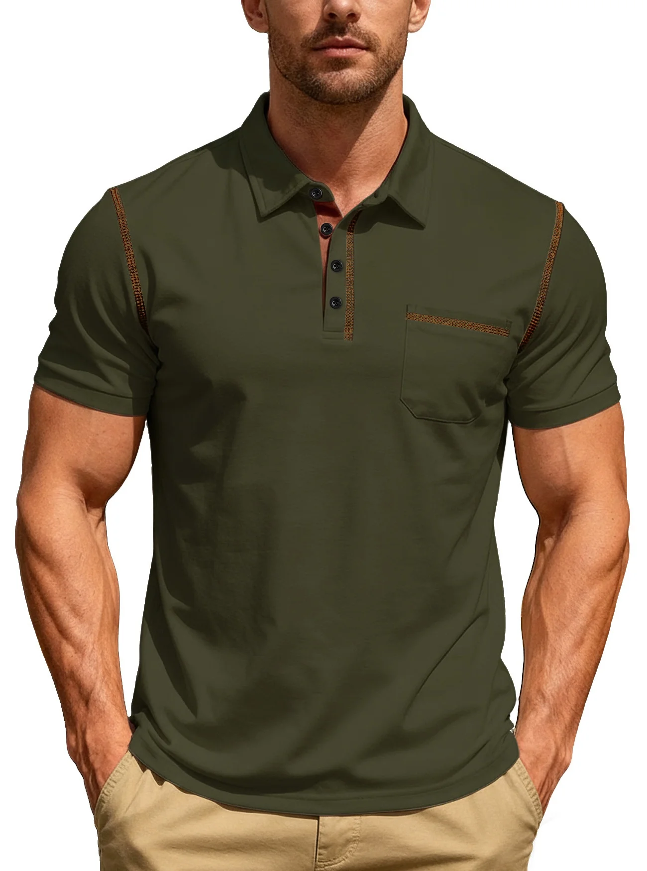 Men's summer short-sleeved buttoned pocket breathable plain-colored collar POLO shirt for casual sports and shopping purposes
