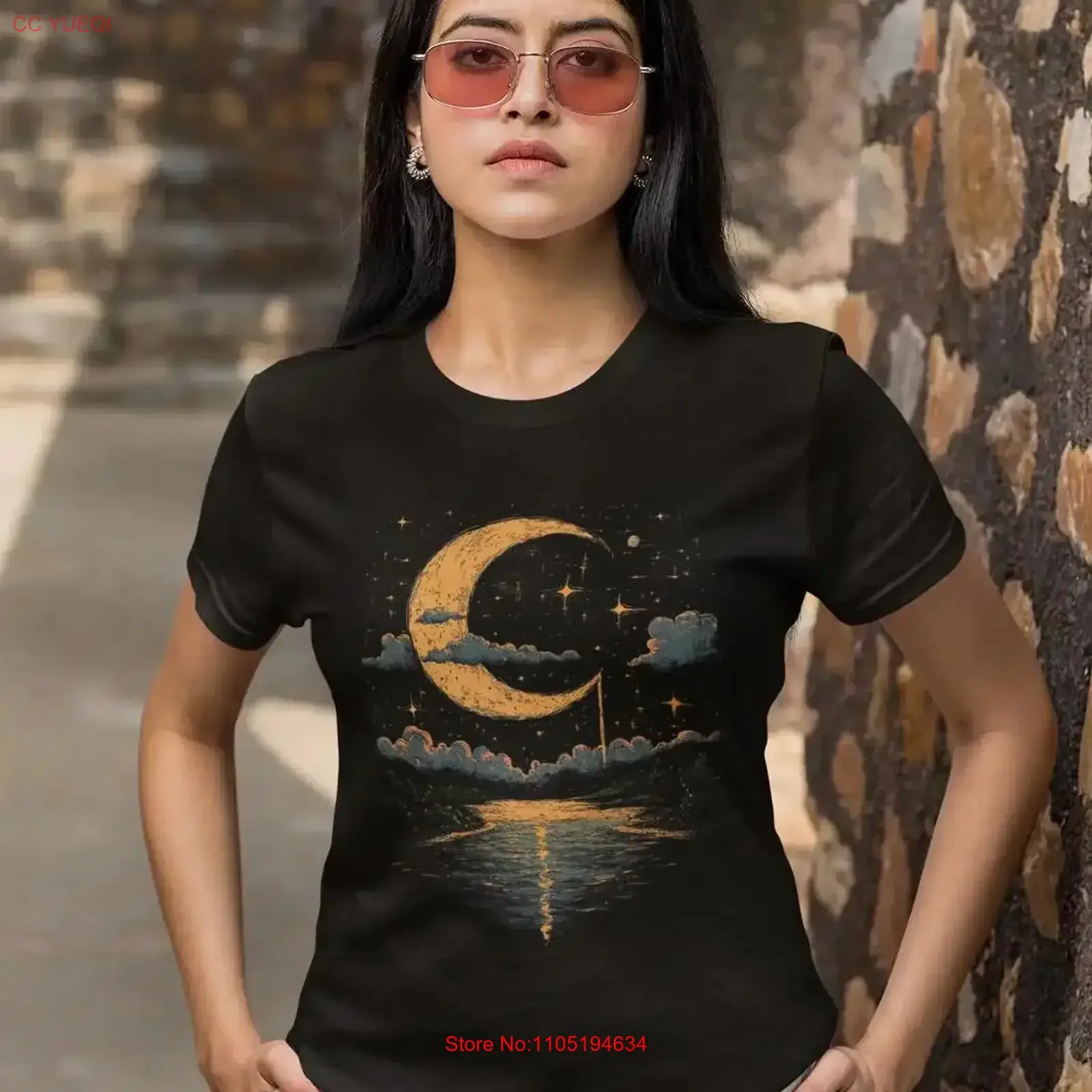 

Футболка Moonlit Dreams из плотного хлопка, одежда «Небесное ночное небо», винтажная стираная универсальная мягкая дышащая слегка мужская мода