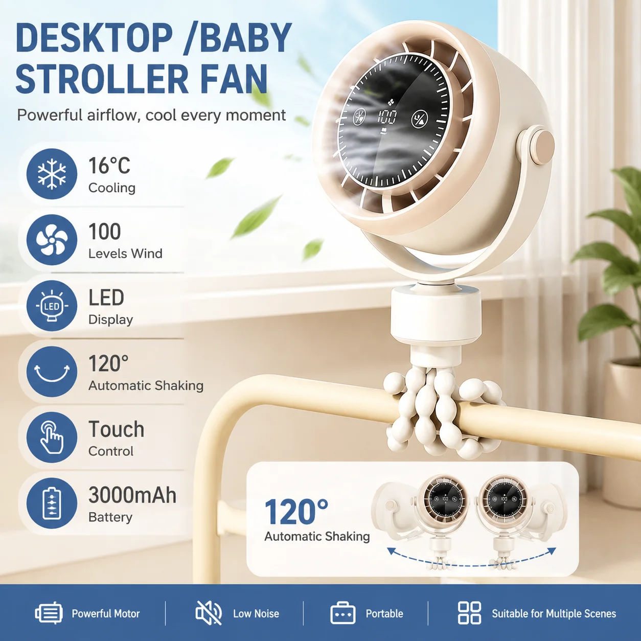 Baby Stroller Fan with LED Display 120° Shaking Portable Octopus Clip Fan 3000mAh 100 Speeds 16°C Cooling for Car Seat Crib Bike