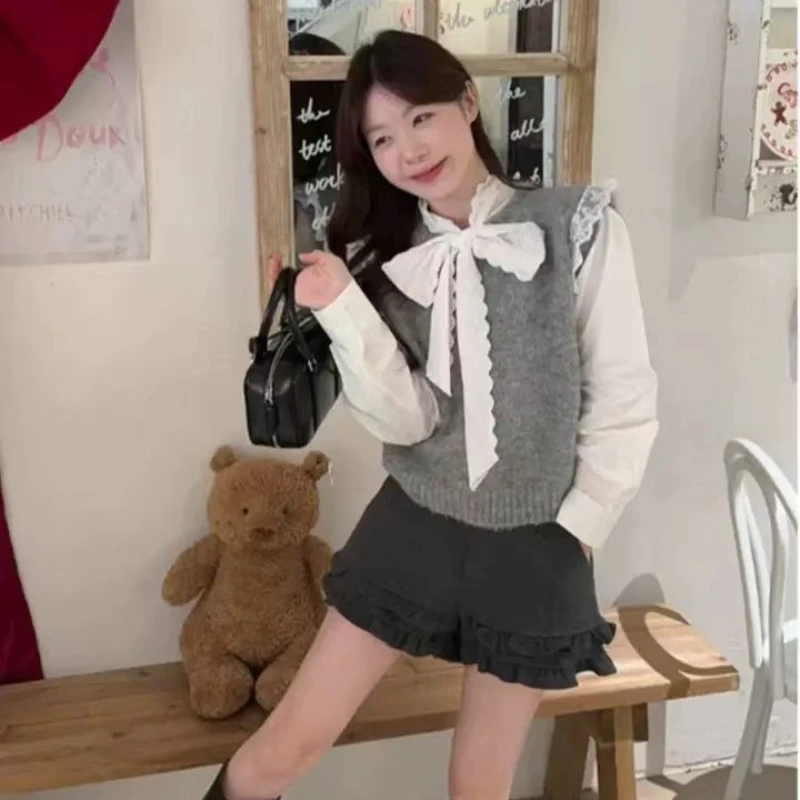 Retro Kant Splice Mouwloze Gebreide Tank Top Vrouwen Losse Luie Mode Gebreide Trui Ronde Hals Koreaanse Stijl Vest Lente 2025