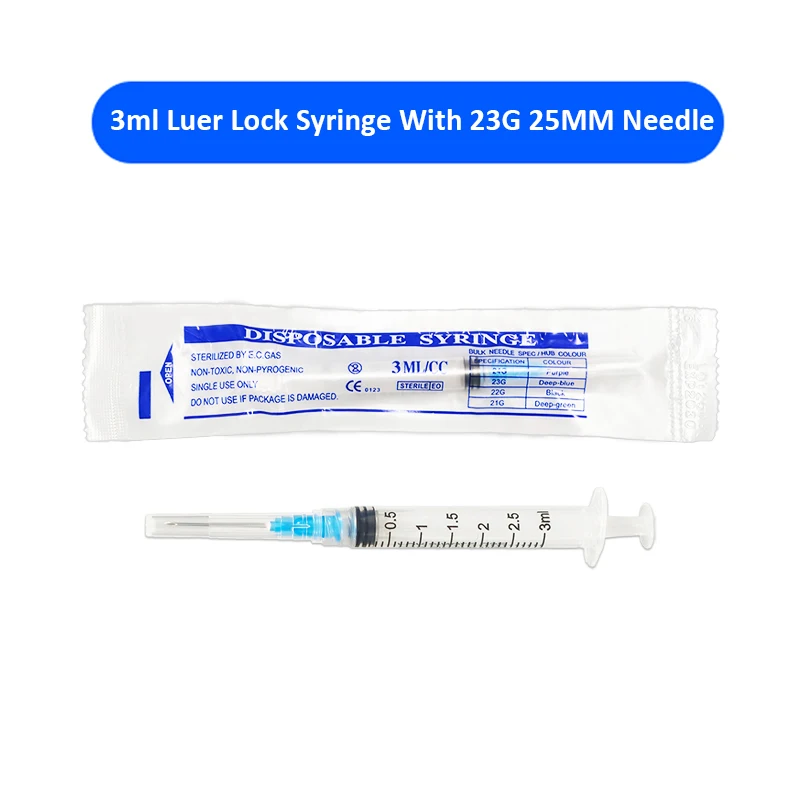 100 Stück 3 ml sterile Einweg-Luer-Lock-Spritzen mit 23Ga 1-Zoll-Nadel, einzeln verpackt für das Labor