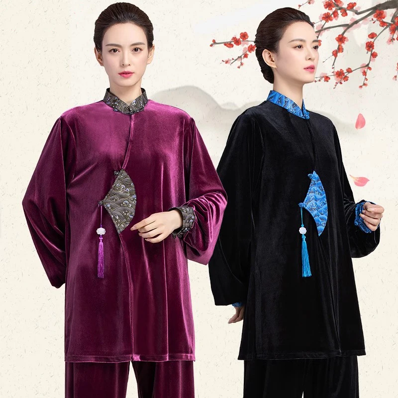 Kun Master Thicken Velvet Taichi Uniform Elegant Winter Martial Arts Suit Embroidery Kung Fu Clothes Taiji for Women