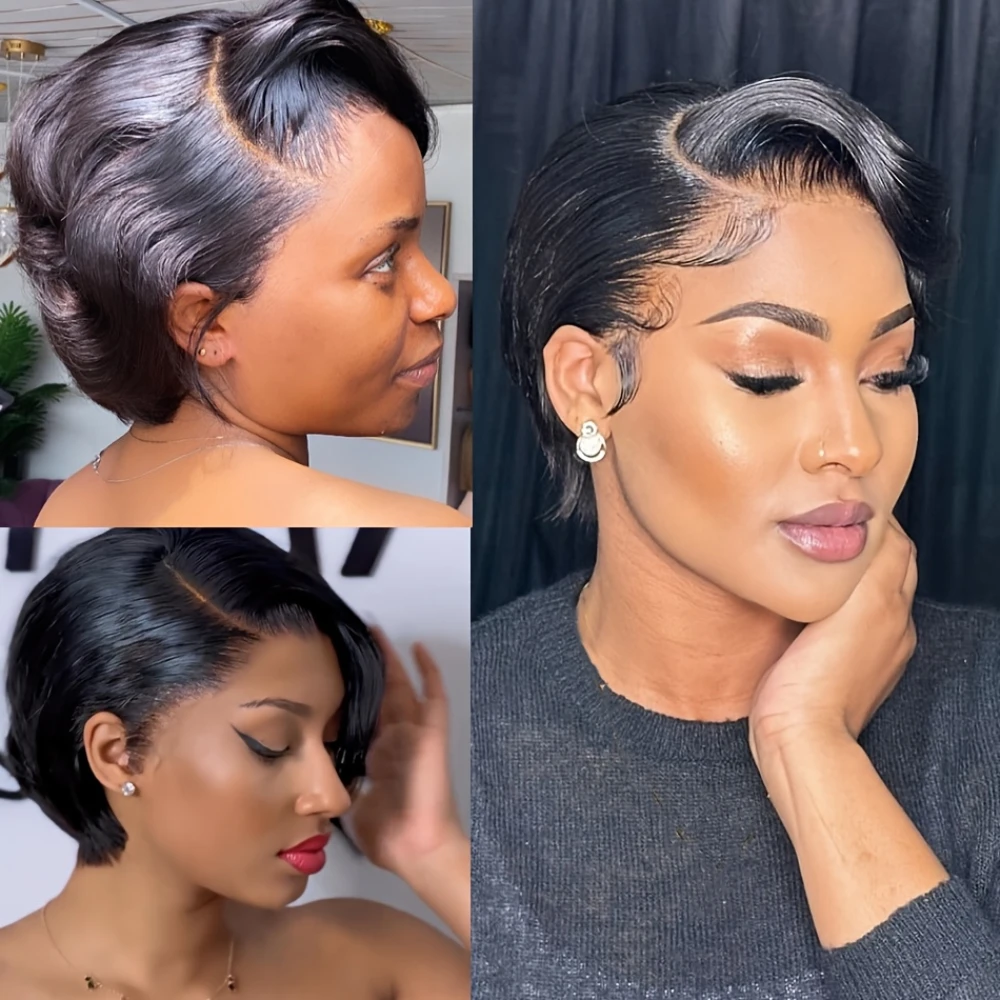 13x4透明レースフロントウィッグ人毛ストレートボブウィッグピクシーカットウィッグ生え際処理済み150%密度8インチウィッグカラーウィッグ