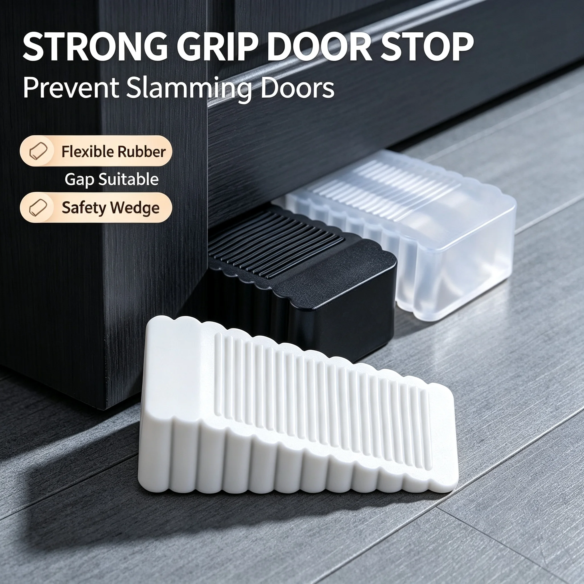 No-Drill Safety Door Stopper Block Silicone Rubber Wedge Impact Proof Door Retainer for Interior Door Protection