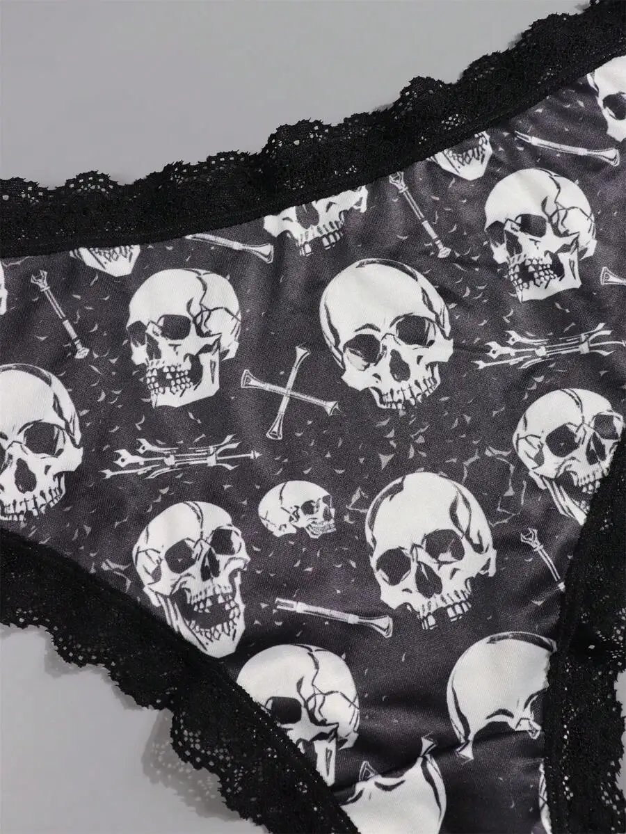 

High-Waisted Stretch Women’s Panties With Black Lace Trim And Gothic Skull Pattern