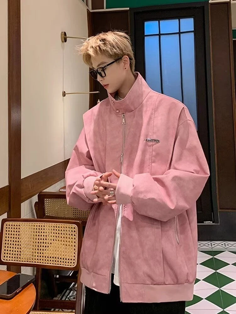 

Pink PU Leather Jacket with Double Zipper American Style Casual Biker Jacket for Spring Autumn 2025 Edgy Denim Inspired Design