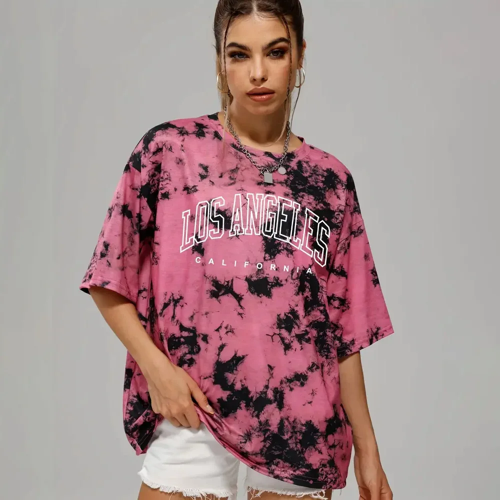 Camiseta feminina com gravata tingida de verão, manga curta, gola redonda, top solto, versátil, roupa confortável, moda festa