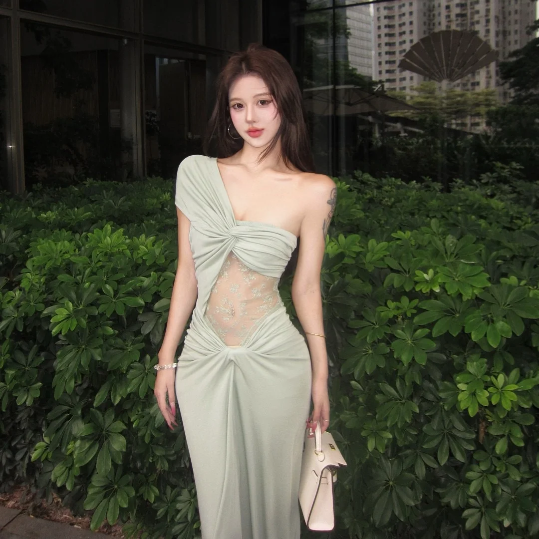 

Draped Lace Long Dr Women's Sle Summer Vaion Beach Side oulder Design Sensual Korean Version Polyester Knitted Skirt