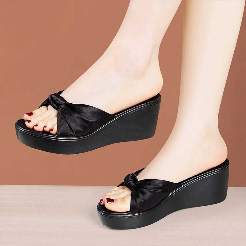 Women Wedge Slide Versatile Platform Thick Sole Bowknot Outdoor Slides Soft Sole Long Standing Comfort One Strap Slippers
