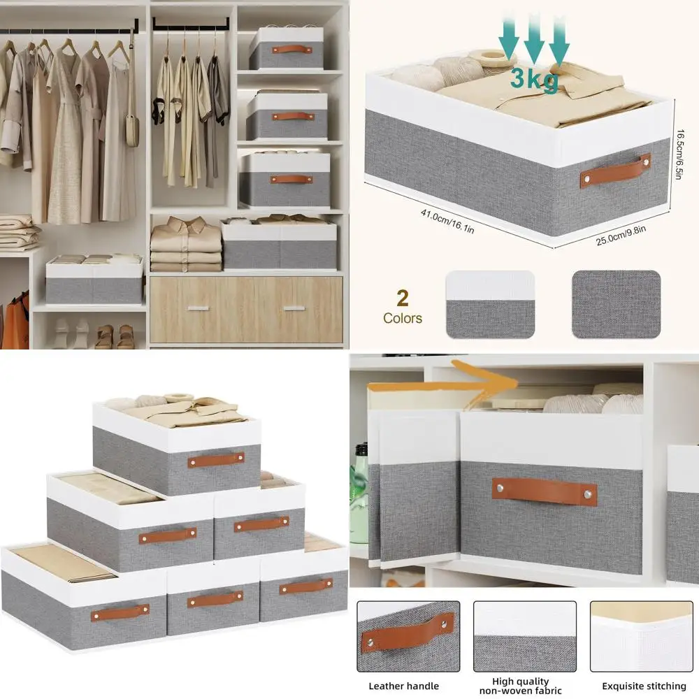 

6-Pack White & Grey Storage Cubes, 16.1x9.8x6.5, with Handles for Closet & Shelf Organization