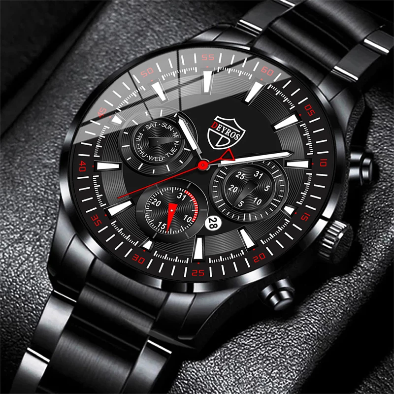 Fashion Mens Watches Set Luxury Men Sports Black Stainless Steel Quartz Watch Man Business Casual Wrist Watch