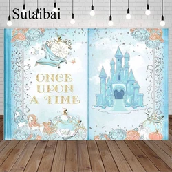 Disney Castle Birthday Backdrop Girls Cinderella Blue and Silver Photography Background Princess Carriage Cake Table Banners