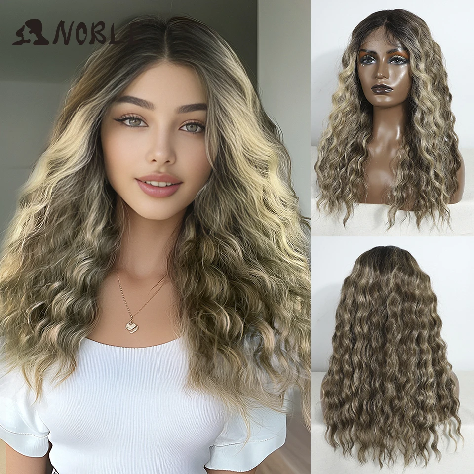 Edele synthetische kant lang krullend 20 inch lang middelste deel kant pruik voor vrouwen kanten pruik ombre blond cosplay pruik