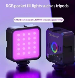 W70 미니 RGB 필 라이트, 휴대용 LED 3색 카메라 사진 조명, 휴대폰 셀카 소프트 라이트 및 라이브 촬영 조명