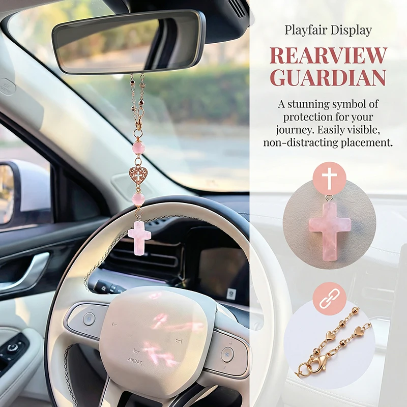 Elegant Natural Rose Quartz Cross Car Accessories Heart & Crystal Beaded Rearview Mirror Hanging For Women Auto Interior Decor