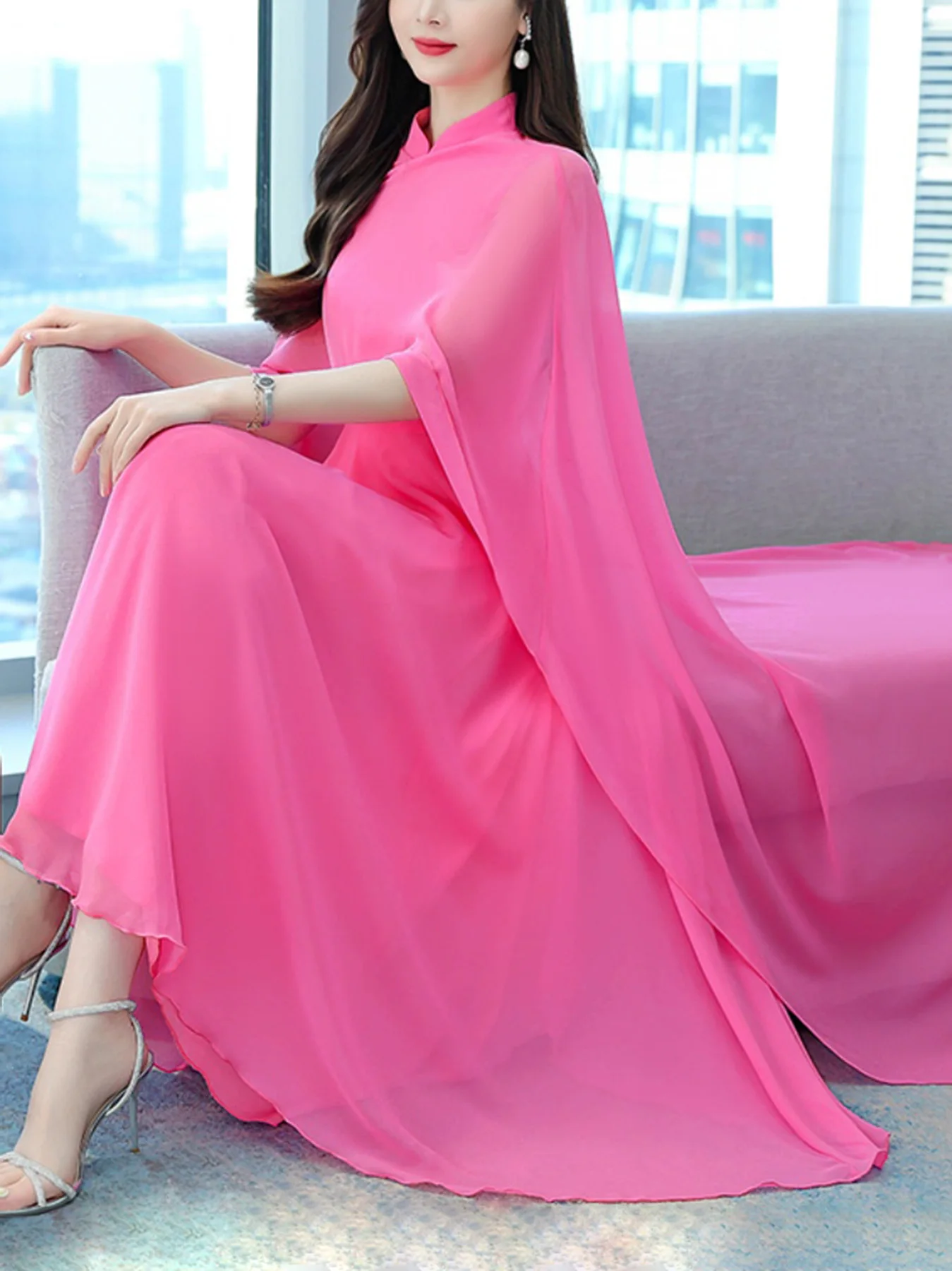 

Rose red stand up collar chiffon shawl dress with elegant and grand temperament, socialite banquet long dress