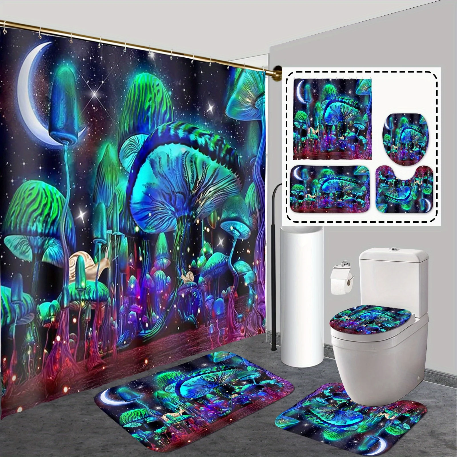 

Elegant Cosmic Mushroom Design Bathroom Four-Piece Set – Perfect for Adding a Mystical and Colorful Touch to Your Bathroom Decor