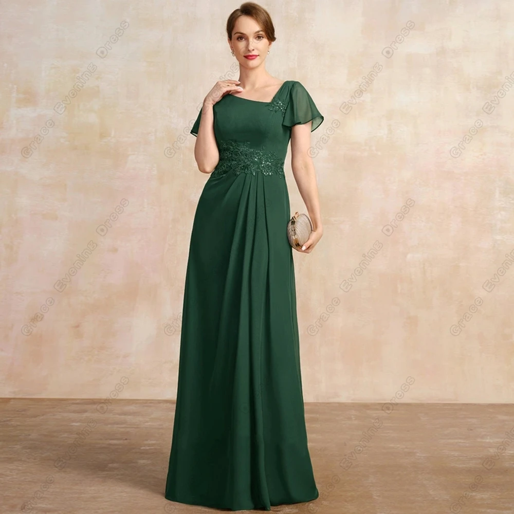 Green Short Sleeve Mother of Bride Dresses with Applique Scoop Beach Wedding Party Dresses Zipper Back Robe De Soirée Summer