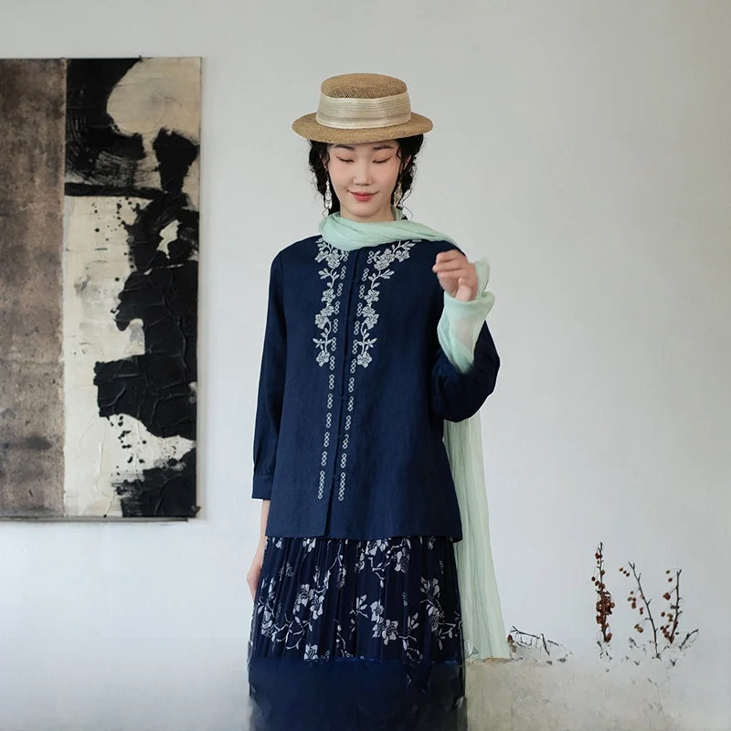 

Элегантная вышитая льняная блузка с длинным рукавом для женщин, разноцветная, в новом китайском стиле, дышащая, комфортная женская рубашка