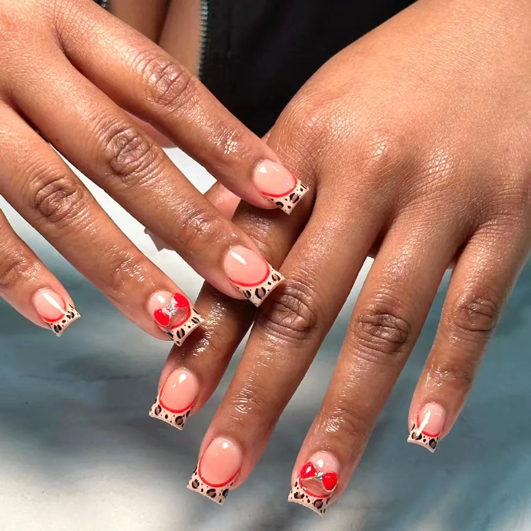 24 pièces ensemble d'ongles carrés courts presse sur poudre brillante rose faux ongles français Grain de Crocodile détachable couverture complète faux ongles conseils