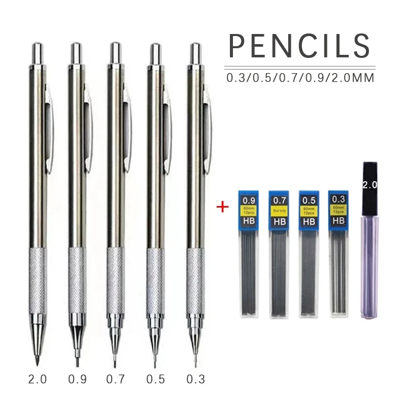 0.3 0.5 0.7 0.9 1.3 2.0mm Metal Mechanical Pencil Set School Art Sketch Writing Stainless Steel Automatic Pencils Art Supplies