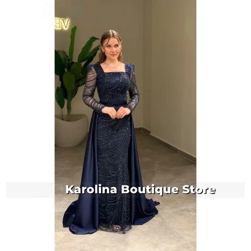 

Customized Beaded Navy Blue Prom Dresses Square Collar Special Occasion Dresses Trailing vestidos de f