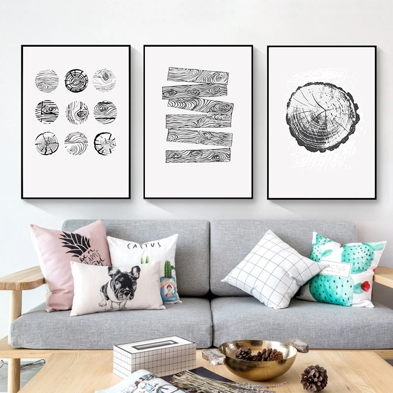 Cincin pohon kanvas potong kayu Poster seni cetak garis abstrak hitam putih gambar dinding dekoratif lukisan Nordic ruang tamu Modern