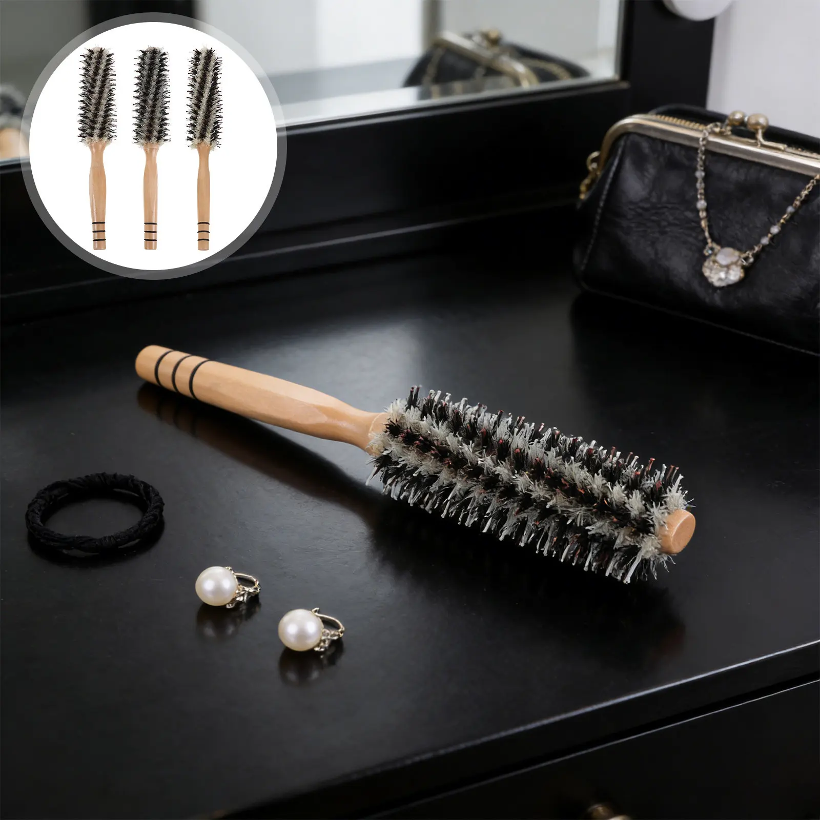 

Набор из 3 круглых расчесок для волос с щетиной кабана, для укладки и распутывания густых кудрявых волос, с деревянной ручкой, для салонов красоты