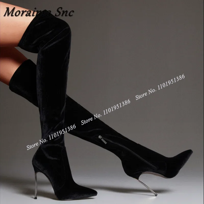 모라이마 Snc 버건디 사이드 지퍼 플록 부츠 솔리드 오버 니 부츠 포인티드 토 슈즈 여성용 하이힐 자파티야스 무헤르