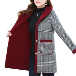 Add Velvet Plaid Coat Female Tops Middle Aged Women's Mid-Length Cotton-Padded Jackets Winter Hooded Warm Cold-Proof Overcoat