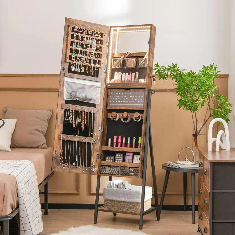 CHARMAID Standing Jewelry Armoire with Full Length Mirror Lockable Jewelry Cabinet Organizer with 3 Lighting Modes Lights Foldab