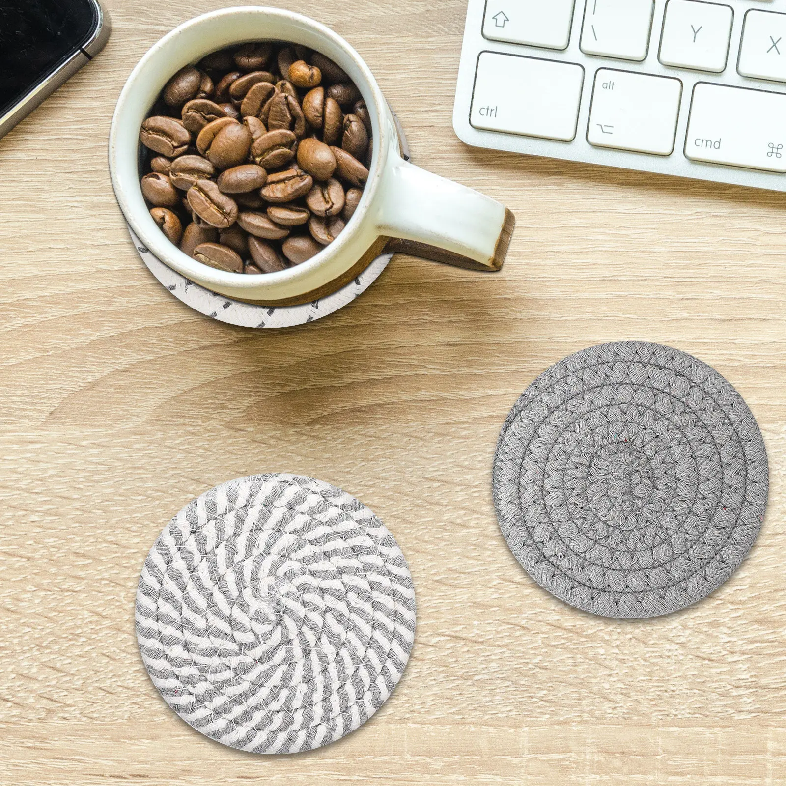 12Pcs Absorbent Cotton Coasters Woven Round Fabric Cup Holders Nonslip Table Mats Desk Coffee Tabletop Drink Protectors