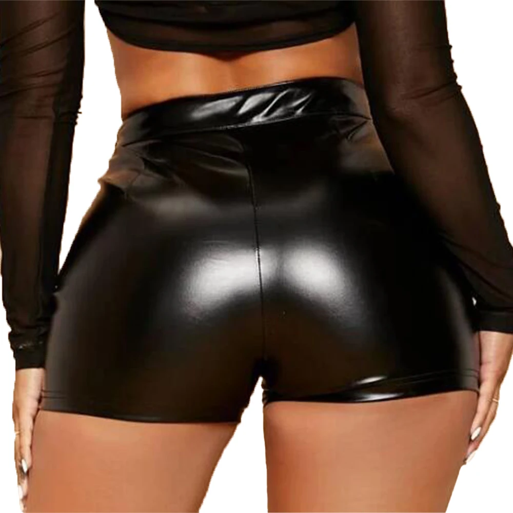 Women Wet Look Booty Shorts Patent Leather High Waist Mini Short Party Clubwear