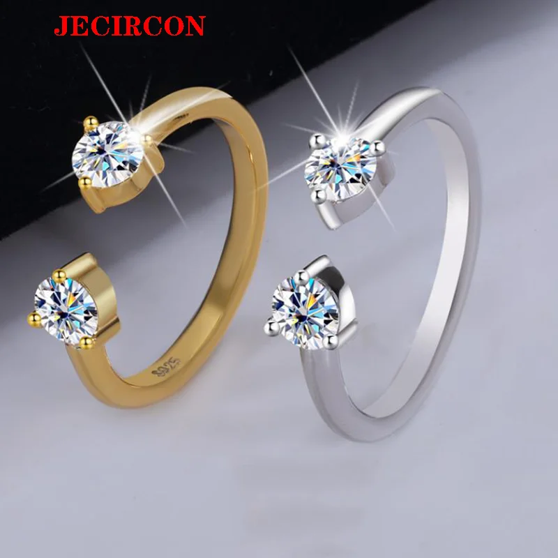 

JECIRCON Trendy S925 Sterling Silver Open Ring with 4mm Moissanite for Women,Unique Double Gem Design,Minimalist Chic Sparkling