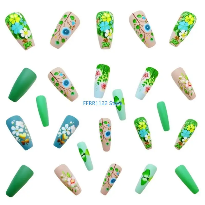 

Y1UF 24pcs Coffin Acrylic Set with Green Floral Design for DIY Manicure