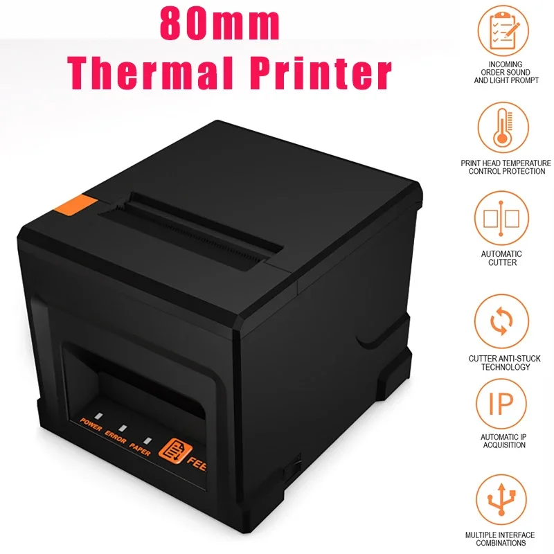 Portable 80mm Thermal Receipt Printer, Automatic Cutter Printing, Restaurant Kitchen POS Printer USB LAN Bluetooth Desk-Printer