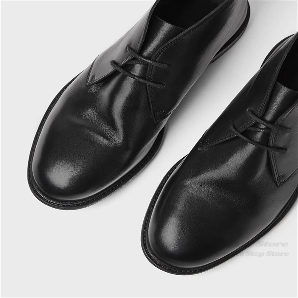 أحذية قصيرة من جلد البقر الناعم البني بمقدمة مستديرة، أحذية جلدية كاجوال عصرية بلون سادة، مريحة بأربطة مصنوعة يدويًا، أحذية عالية الجودة