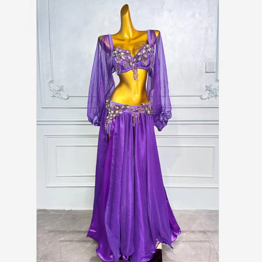 Belly Dancer Costume Set for Women Customsized Bra Top+satin Long Skirt 2pcs Adult Child Oriental Belly Dancing Performance Suit