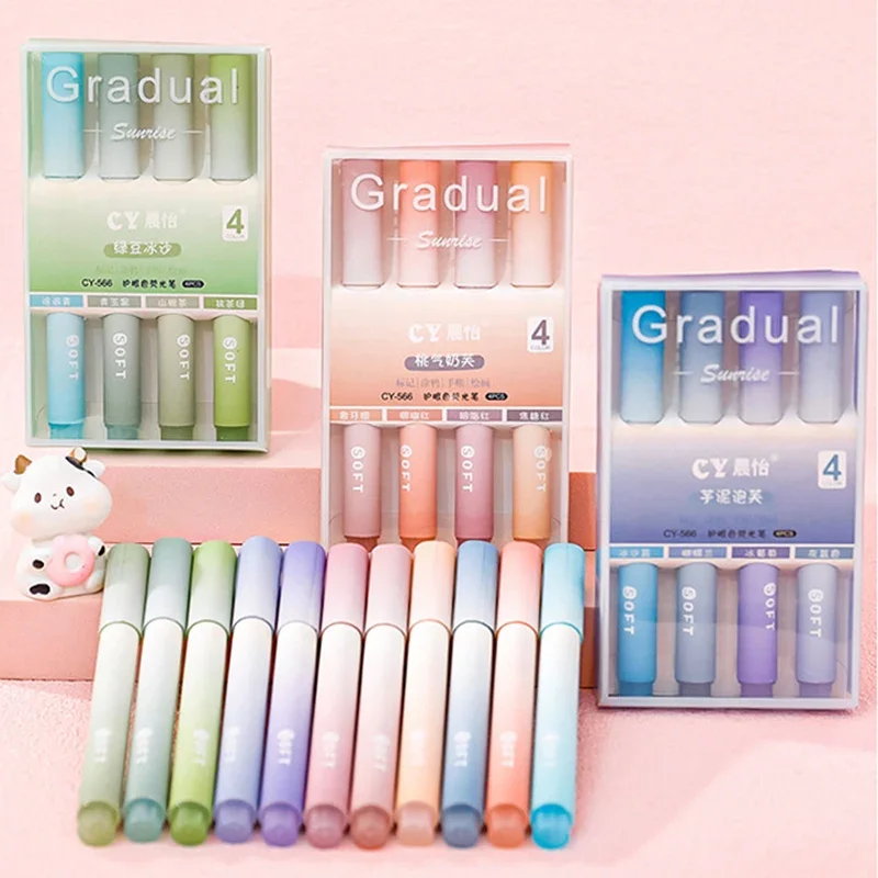 4Pcs/Pack Gradual Highlighter Pens Kawaii Candy Color 4mm Markers Midliner Pastel Highlighter Set School Stationery Kids Gift