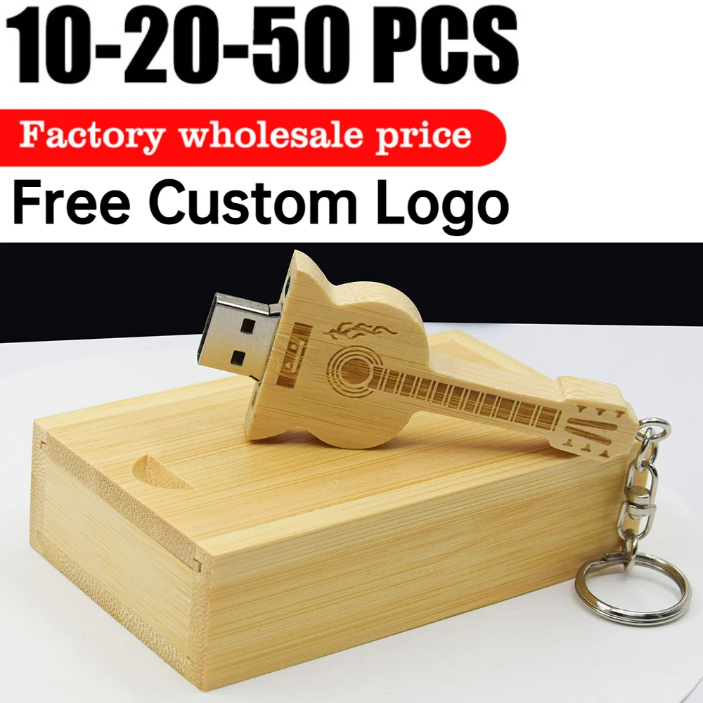 

10/20/50PCS keychain Natural wooden bamboo Guitar model usb flash drive pendrive 4GB 16GB 32GB 64GB memory stick Custom Logo