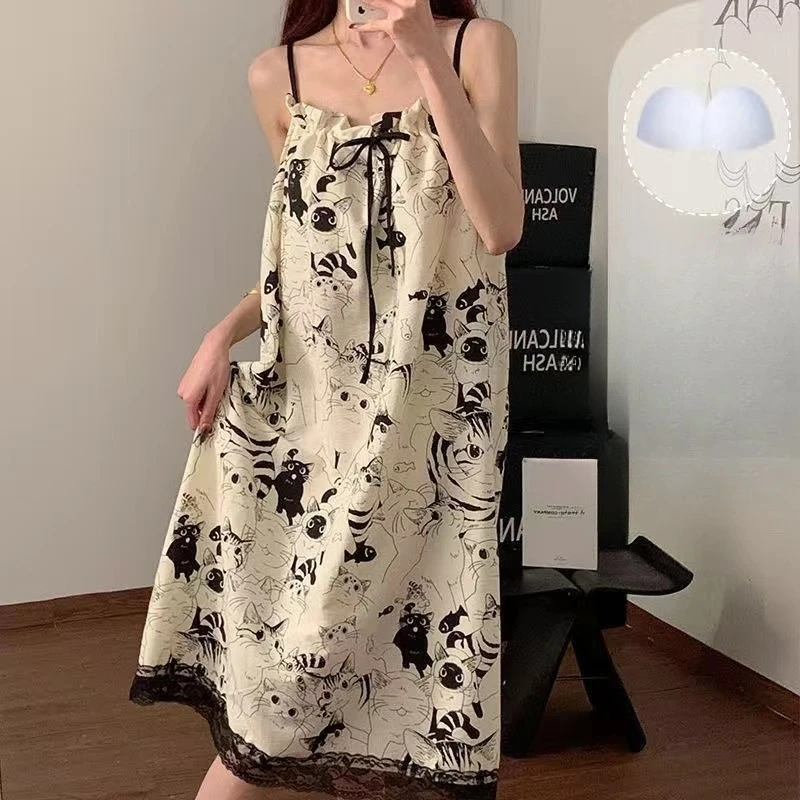 Cute Camisole Women Fashion Summer Nightgowns Sweet Girl Sleeveless Sling Pajama Lady Ribbons Bows Padding Sleepshirt Homewears - view 3
