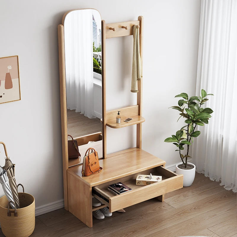 Nordic  seat wooden shoe change bench stool bedroom home porch mirror shoe cabinet hangers coat hat rack