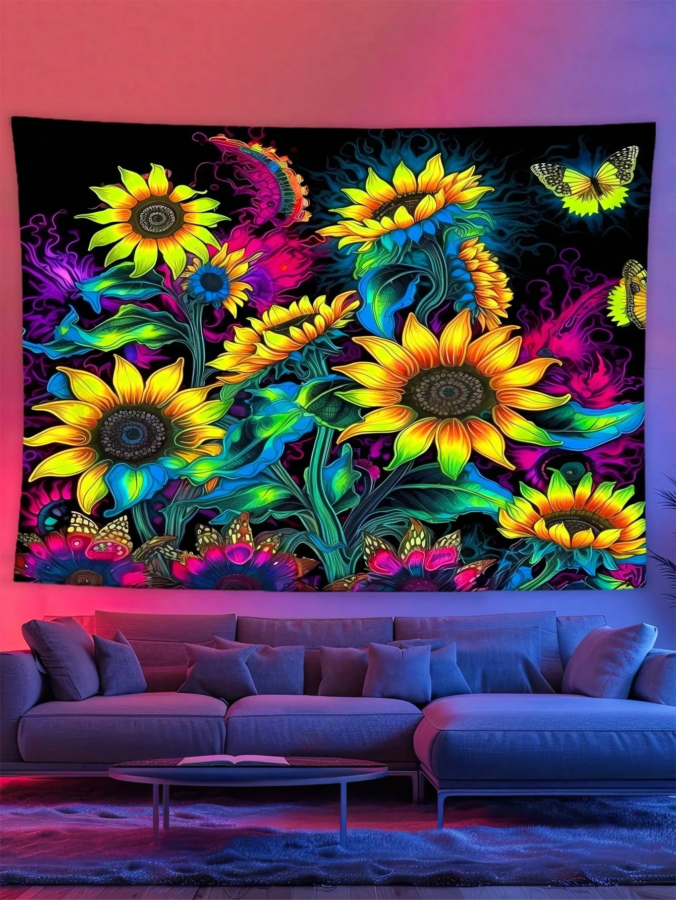 Sonnenblumen-UV-Fluoreszenz-Wandteppich, UV-Reaktion, leuchtender Party-Hintergrundstoff, coole Cartoon-Ästhetik, leuchtende Dekoration