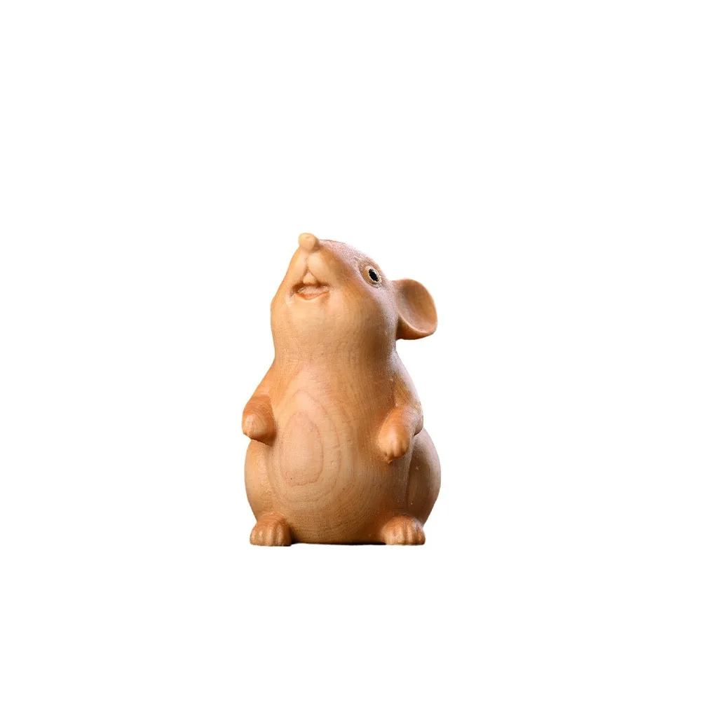 Desktop Ornament Wood Carved Zodiac Mouse Statuette Funny Decorative Hamster Statue Cute Animal Figurine Sculpture Birthday Gift