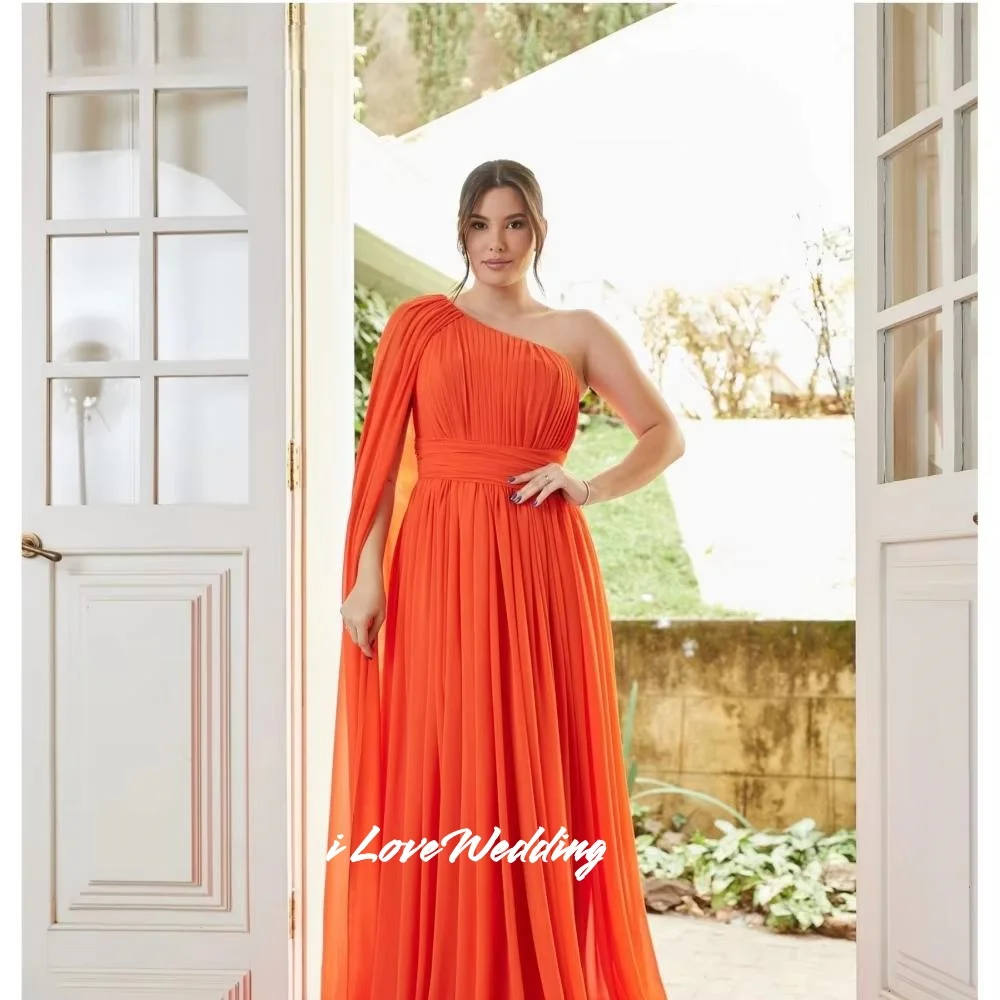 

Orange One-shoulder Shawl A-line Sleeveless Evening Dresses Elegant Chiffon Vestidos De Noche robes de soirée Pleated Customized