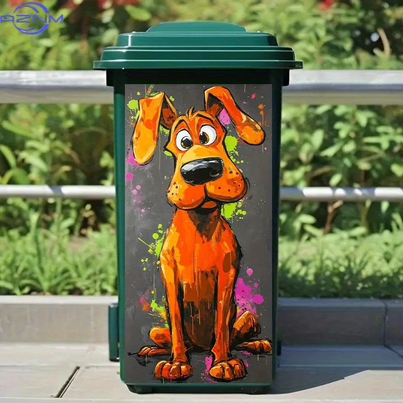 One Cartoon Funny Dog Trash Can Sticker, Abstract Graffiti Style, Vibrant Colors, Waterproof Wall and Kitchen Decor Trash Can