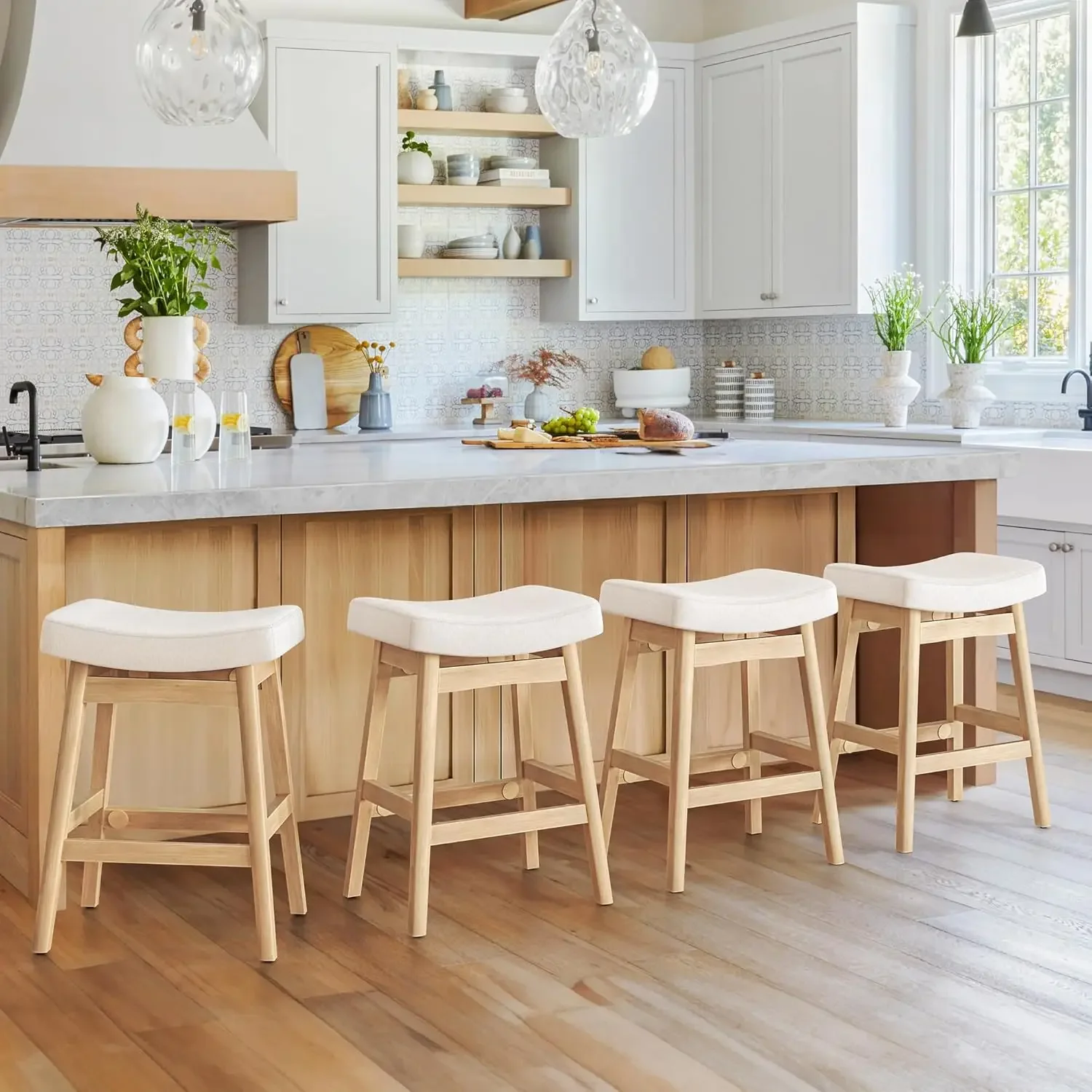 Saddle Seat Counter Height Bar Stools for Kitchen Counter, Bar, Dining, 24 Inch Farmhouse Counter Stools, Beige