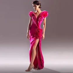 Abito da ballo personalizzato senza maniche con scollo a V Abito a sirena con spacco alto Sexy volant senza schienale Pieghe con spacco sul davanti Abiti da festa per le donne