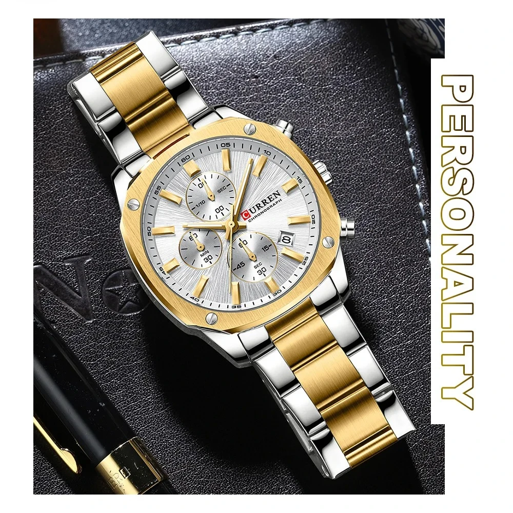 CURREN 8490 جديد عصري الصلب قطاع كوارتز ساعة رجالي فاخرة مقاوم للماء مضيئة كرونوغراف التقويم الساعات للرجال #6